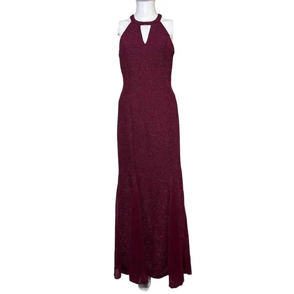 Nightway High Neck Full Length Prom Dress Maroon Size 4 Petite